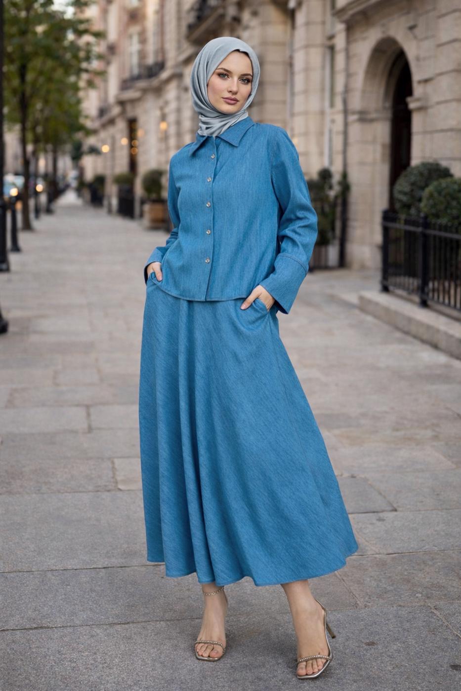 Vêtements hijab BLEU ENSEMBLE COL CHEMISE JUPE T 7826