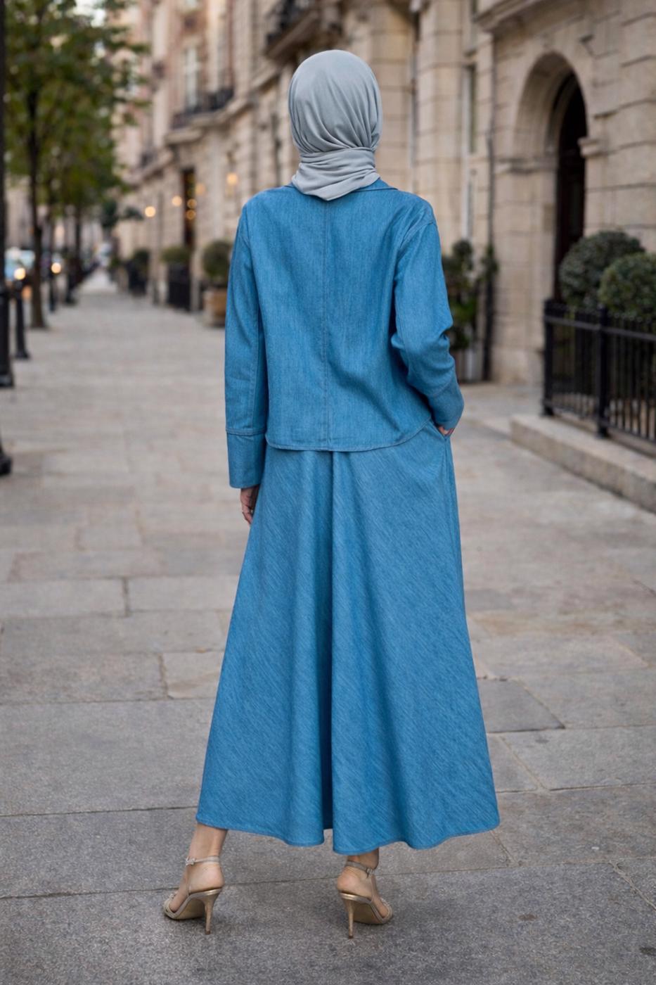 Vêtements hijab BLEU ENSEMBLE COL CHEMISE JUPE T 7826