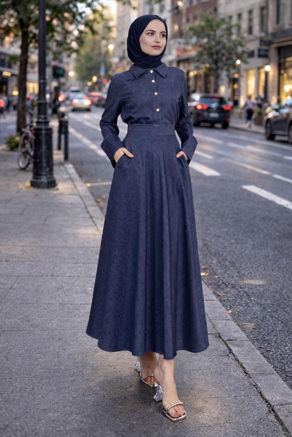 Vêtements hijab BLEU MARINE ENSEMBLE COL CHEMISE JUPE T 7826