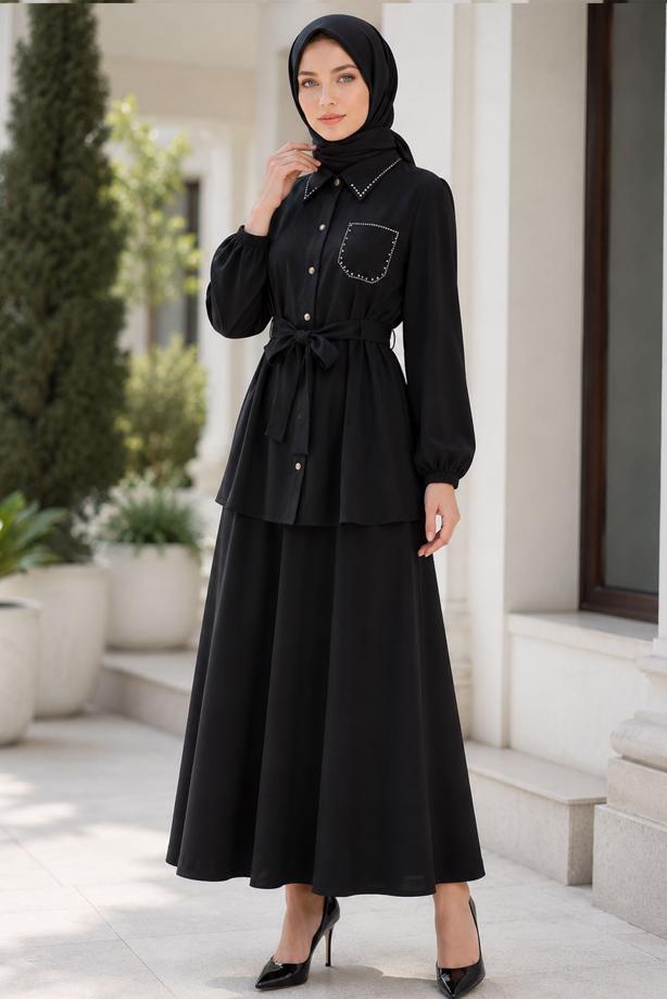Vêtements hijab NOIR ENSEMBLE JUPE CEINTURÉE T 7890 - TRENDTESETTÜR