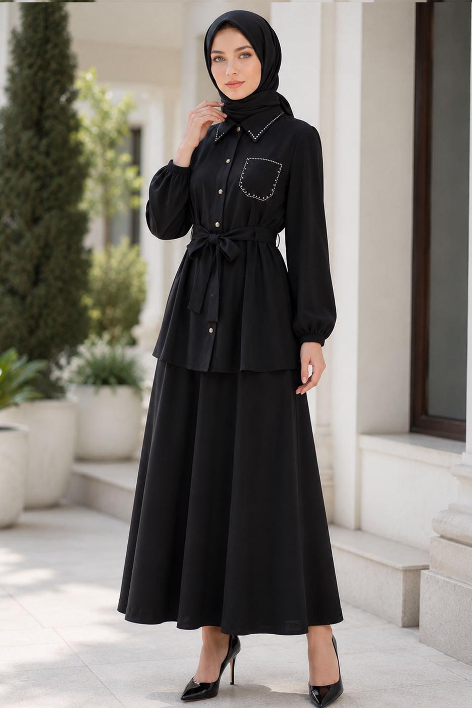 Vêtements hijab NOIR ENSEMBLE JUPE CEINTURÉE T 7890