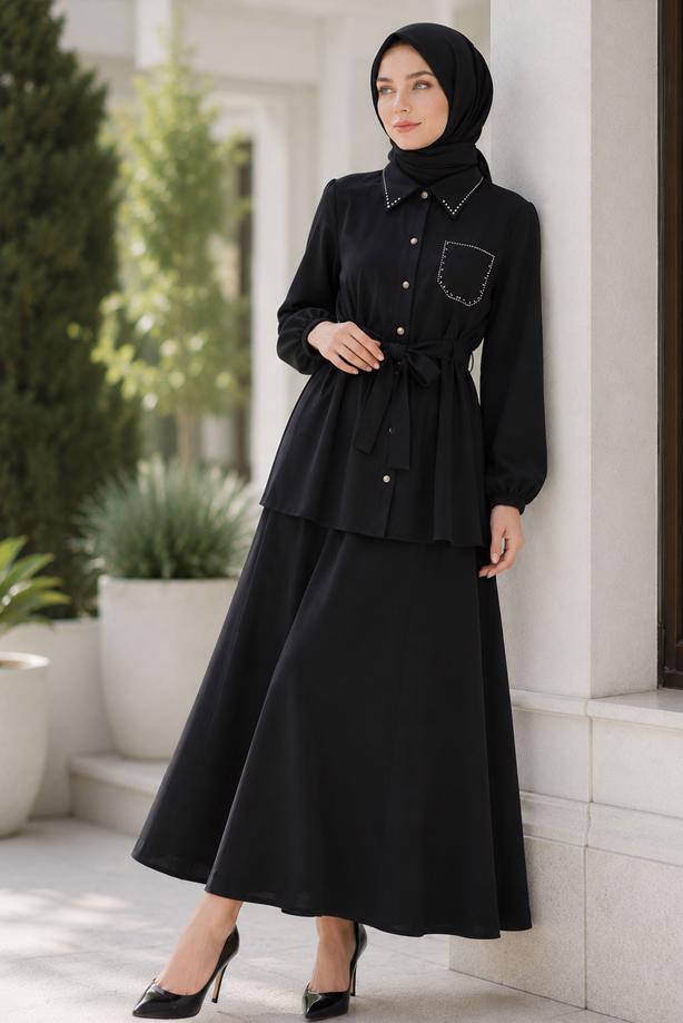 Vêtements hijab NOIR ENSEMBLE JUPE CEINTURÉE T 7890 - TRENDTESETTÜR