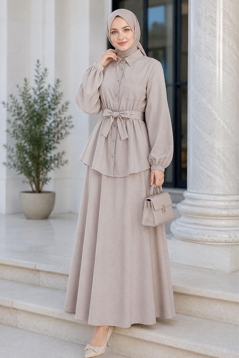 Vêtements hijab BEIGE ENSEMBLE JUPE CEINTURÉE T 7890