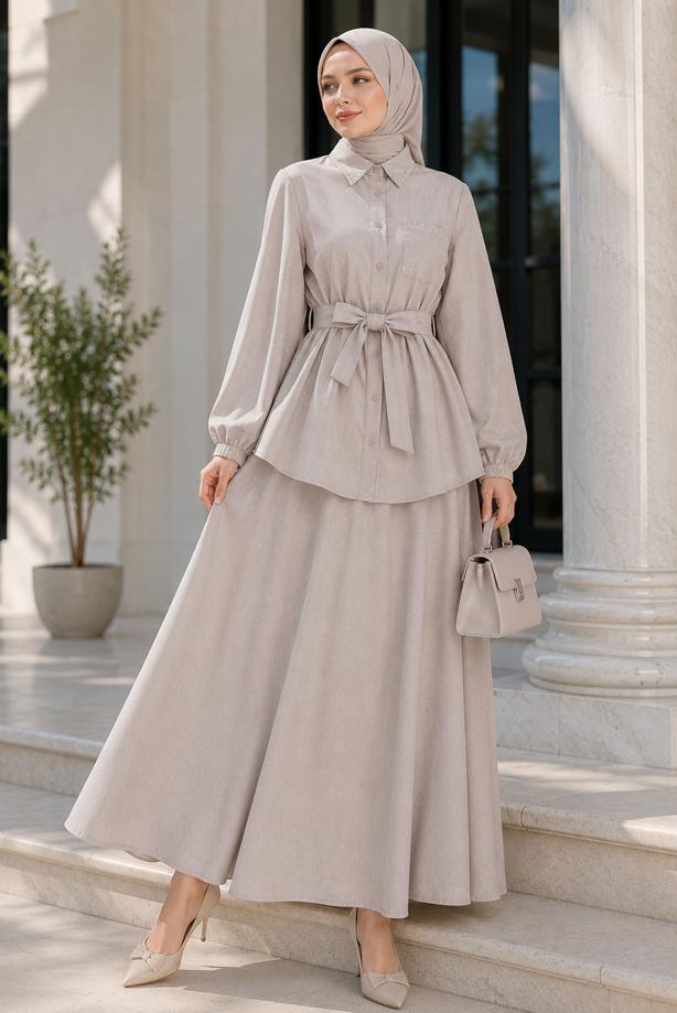 Vêtements hijab BEIGE ENSEMBLE JUPE CEINTURÉE T 7890 - TRENDTESETTÜR
