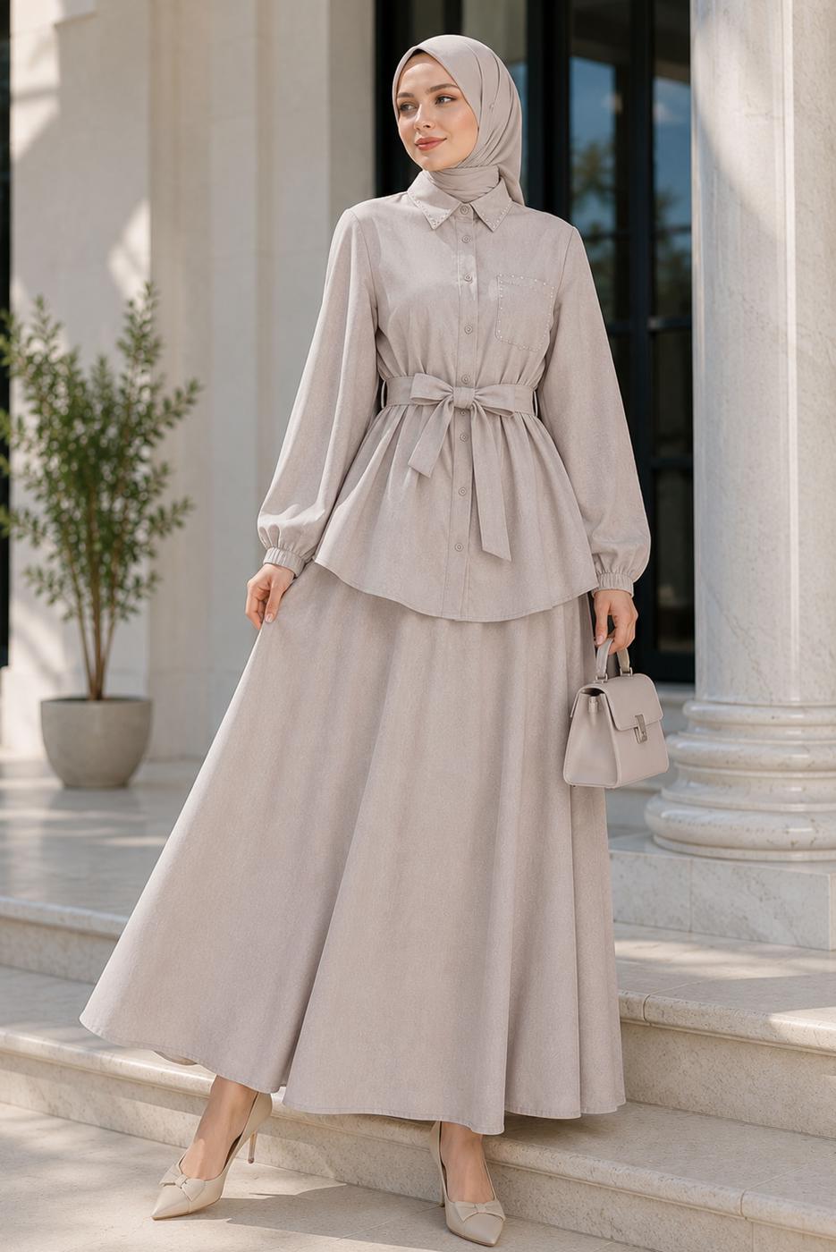 Vêtements hijab BEIGE ENSEMBLE JUPE CEINTURÉE T 7890