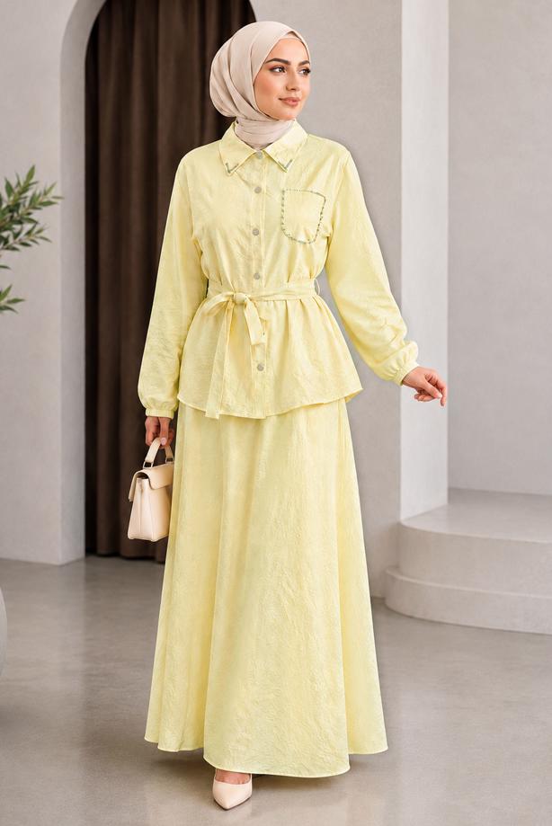 Vêtements hijab JAUNE ENSEMBLE JUPE CEINTURÉE T 7890 - TRENDTESETTÜR