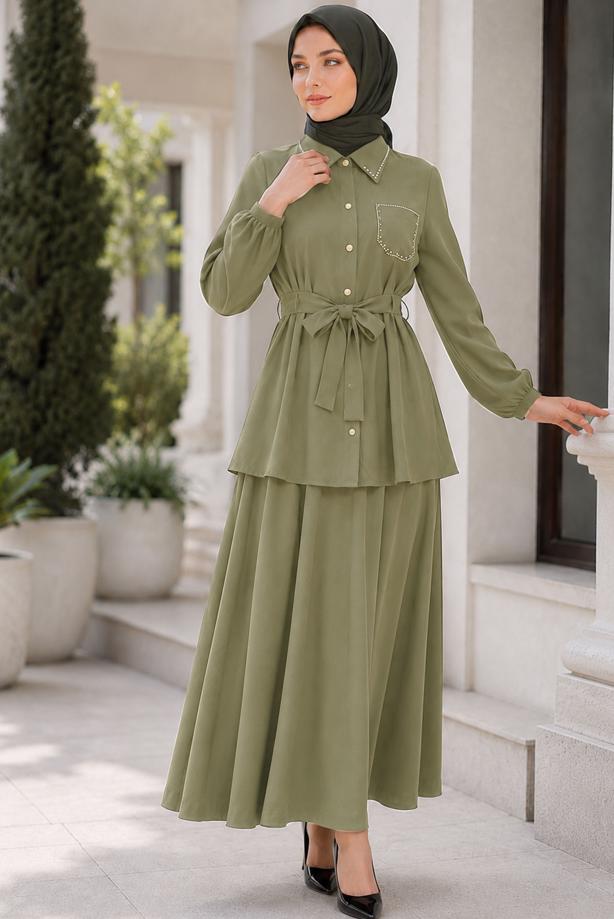 Vêtements hijab KAKI ENSEMBLE JUPE CEINTURÉE T 7890 - TRENDTESETTÜR