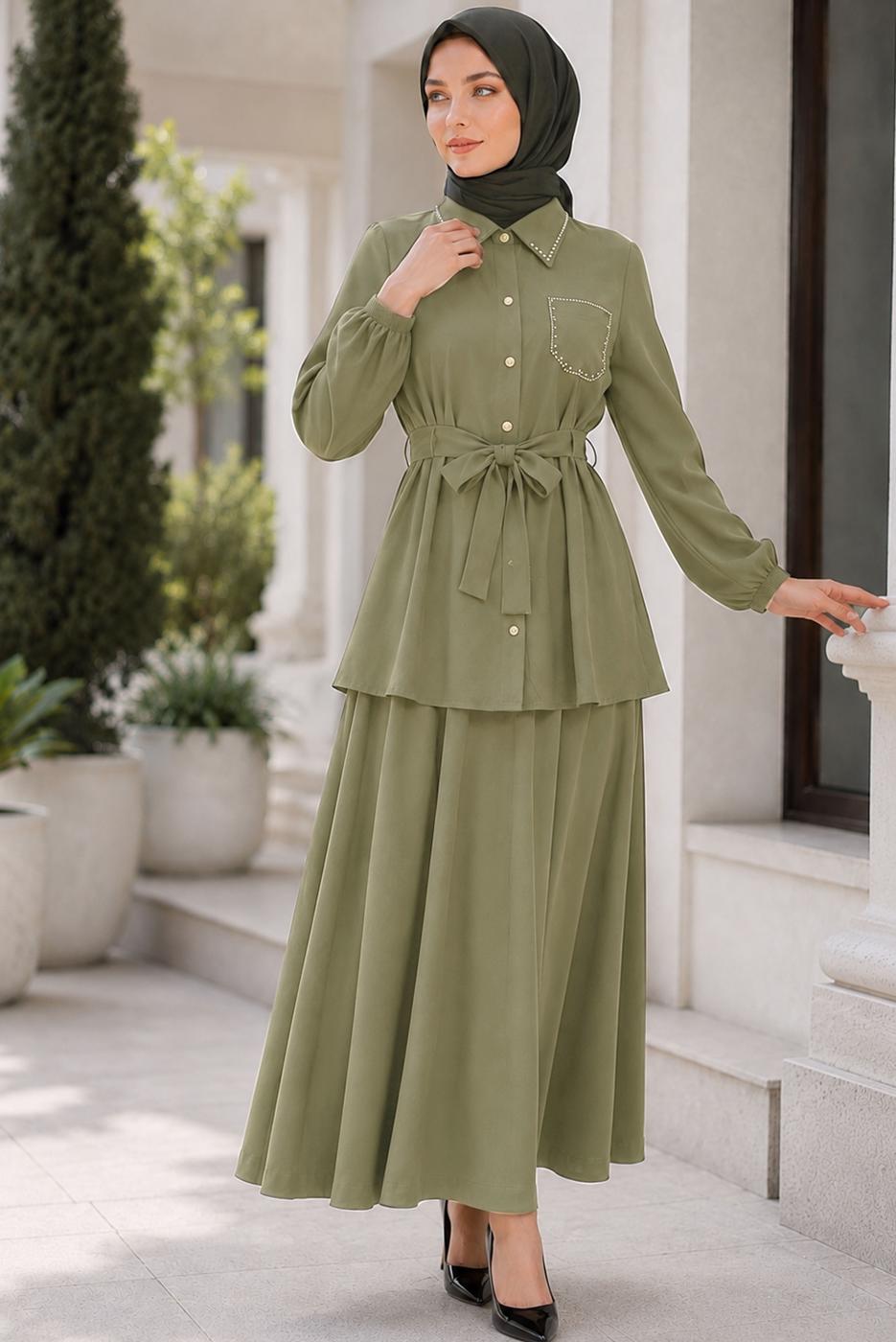 Vêtements hijab KAKI ENSEMBLE JUPE CEINTURÉE T 7890