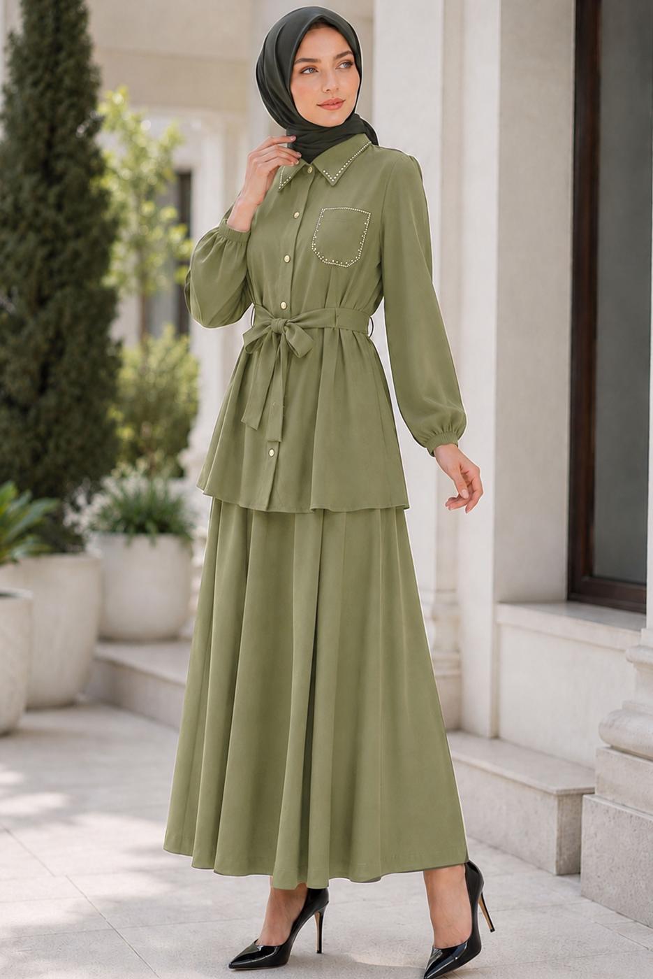Vêtements hijab KAKI ENSEMBLE JUPE CEINTURÉE T 7890