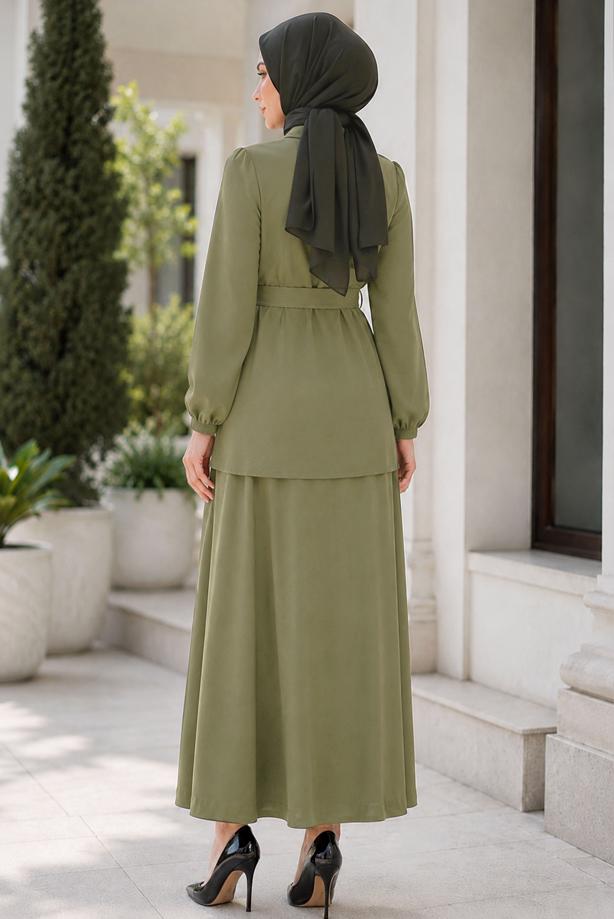 Vêtements hijab KAKI ENSEMBLE JUPE CEINTURÉE T 7890 - TRENDTESETTÜR