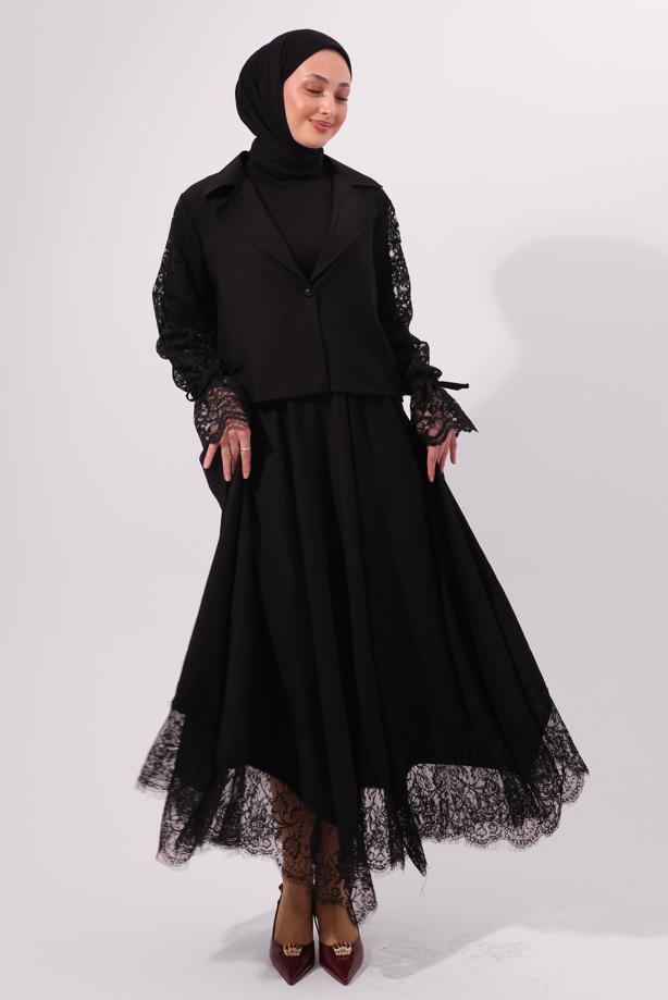 Tesettür giyim SİYAH ETEKLİ DANTELLİ TAKIM T 8127 - TRENDTESETTÜR