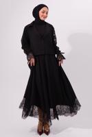 Tesettür giyim SİYAH ETEKLİ DANTELLİ TAKIM T 8127