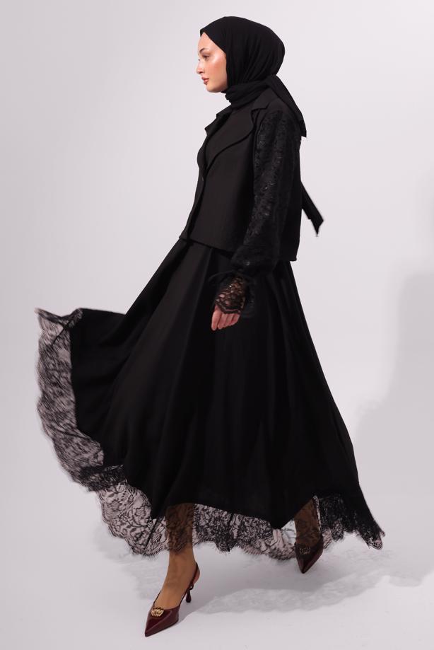 Tesettür giyim SİYAH ETEKLİ DANTELLİ TAKIM T 8127 - TRENDTESETTÜR