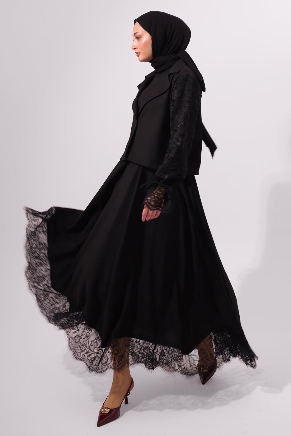 Tesettür giyim SİYAH ETEKLİ DANTELLİ TAKIM T 8127