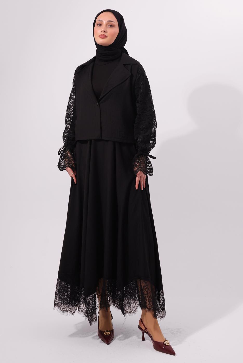 Tesettür giyim SİYAH ETEKLİ DANTELLİ TAKIM T 8127