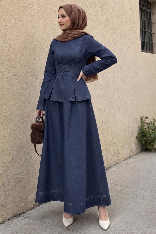Tesettür giyim LACİVERT ETEKLİ DENİM TAKIM T 8826 - TRENDTESETTÜR