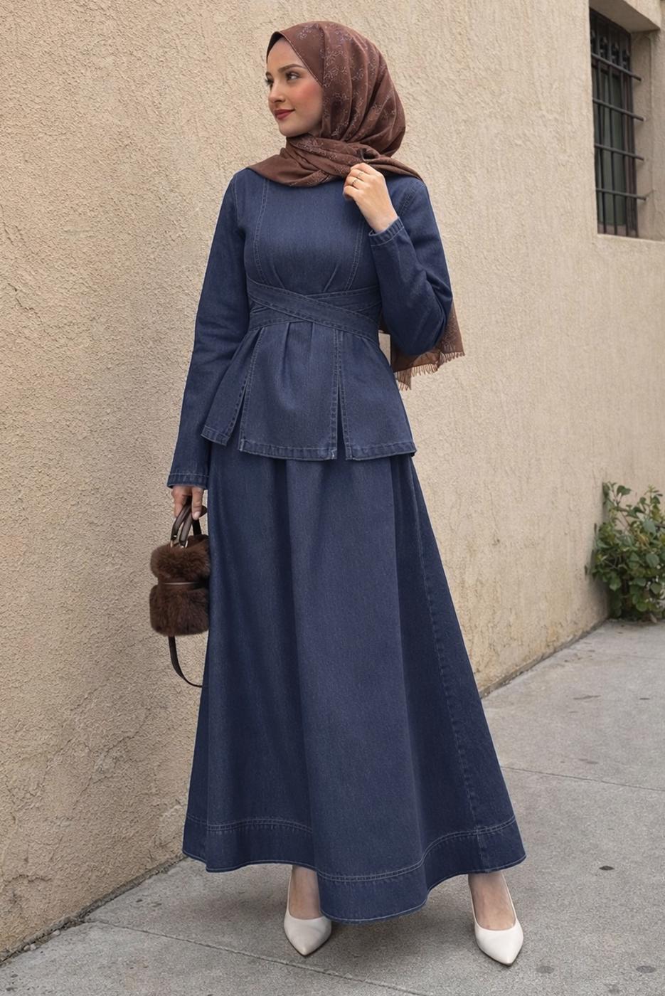 Tesettür giyim LACİVERT ETEKLİ DENİM TAKIM T 8826