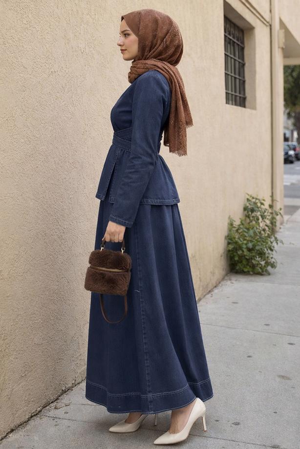 Tesettür giyim LACİVERT ETEKLİ DENİM TAKIM T 8826 - TRENDTESETTÜR