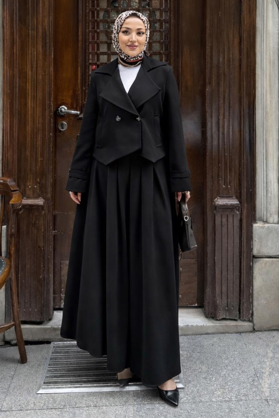 Hijab clothing BLACK DOUBLE-BREASTED SKIRTED SUIT T 8999