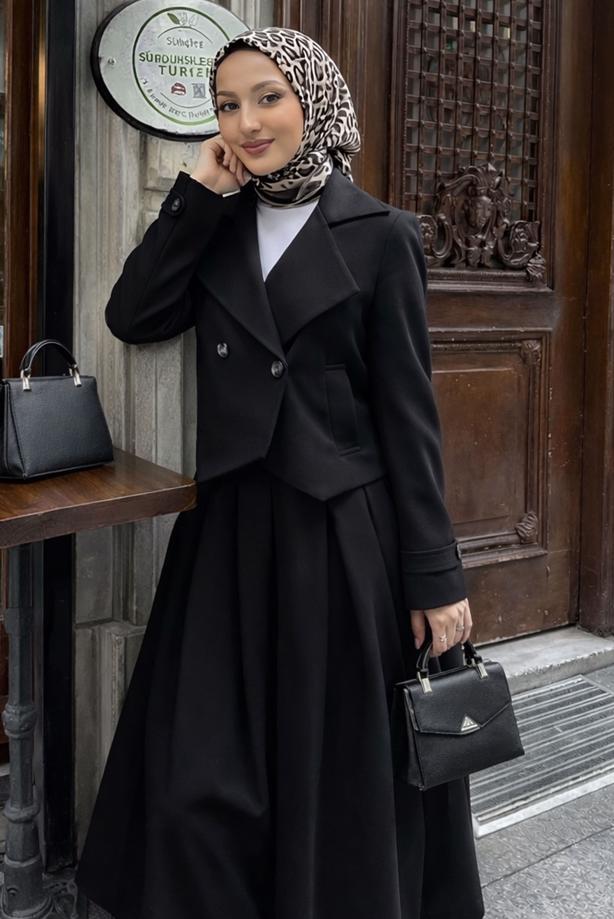 Hijab clothing BLACK DOUBLE-BREASTED SKIRTED SUIT T 8999 - TRENDTESETTÜR