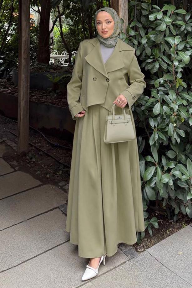 Hijab clothing BEIGE DOUBLE-BREASTED SKIRTED SUIT T 8999 - TRENDTESETTÜR