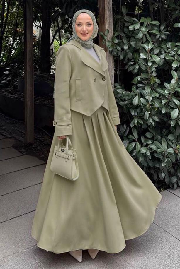 Hijab clothing BEIGE DOUBLE-BREASTED SKIRTED SUIT T 8999 - TRENDTESETTÜR