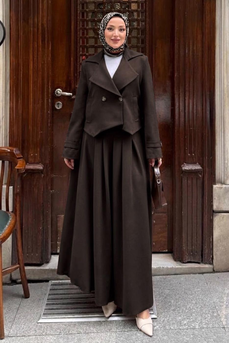 Hijab clothing BROWN DOUBLE-BREASTED SKIRTED SUIT T 8999