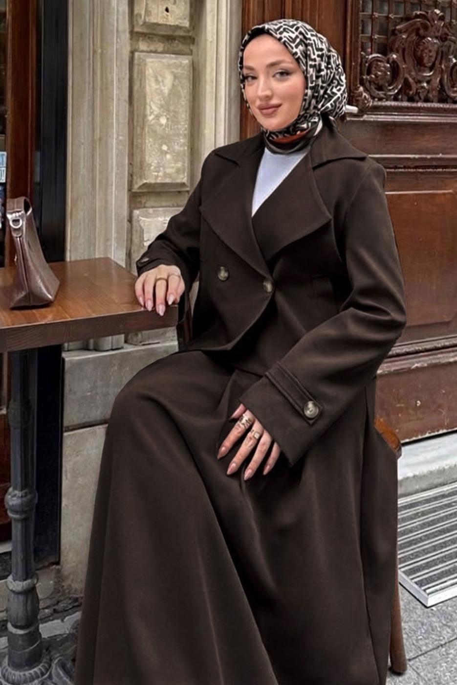 Hijab clothing BROWN DOUBLE-BREASTED SKIRTED SUIT T 8999