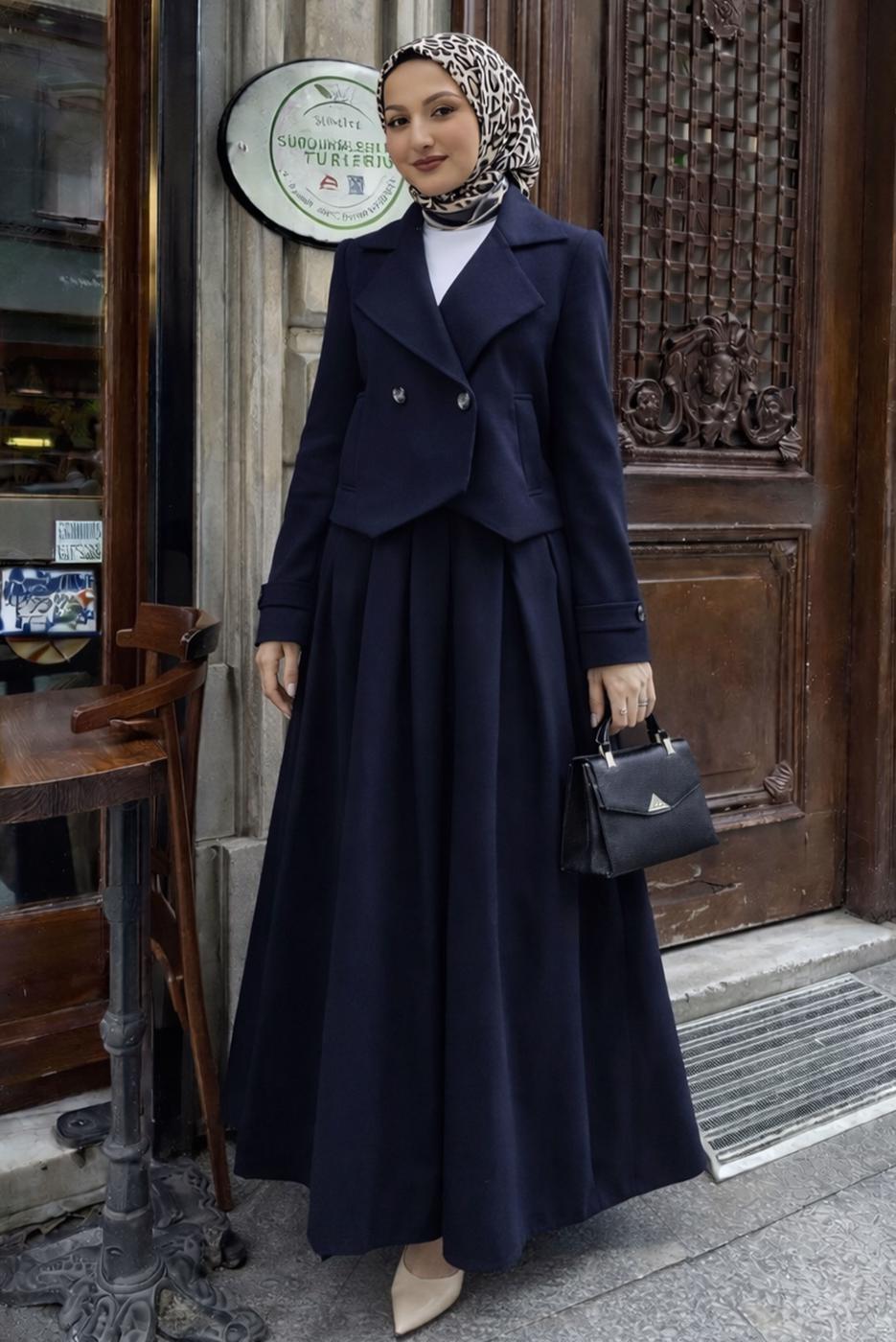 Hijab clothing NAVY BLUE DOUBLE-BREASTED SKIRTED SUIT T 8999