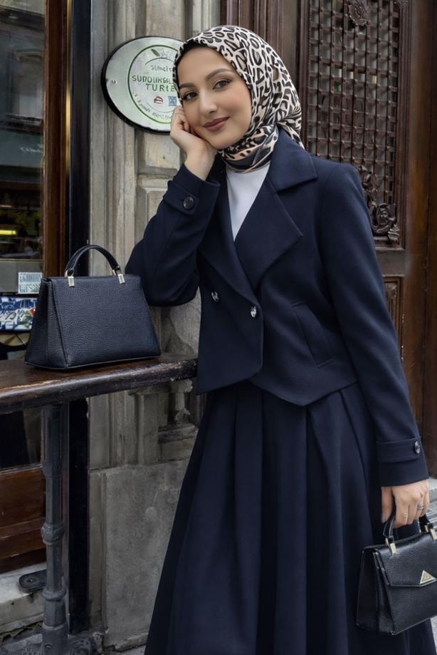 Hijab clothing NAVY BLUE DOUBLE-BREASTED SKIRTED SUIT T 8999 - TRENDTESETTÜR