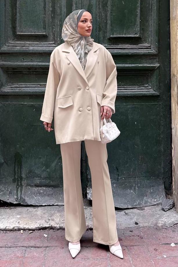 Vêtements hijab ÉCRU ENSEMBLE PANTALON CROISÉ T 0302 - TRENDTESETTÜR