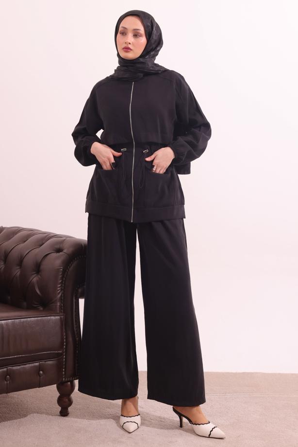 Tesettür giyim SİYAH BELİ BAĞCIKLI MODAL TAKIM T 0362 - TRENDTESETTÜR