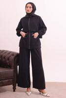Tesettür giyim SİYAH BELİ BAĞCIKLI MODAL TAKIM T 0362