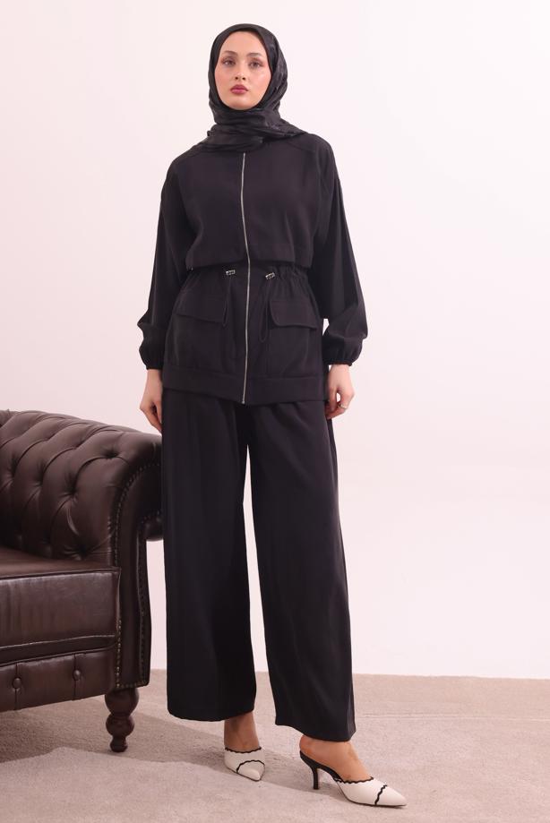 Tesettür giyim SİYAH BELİ BAĞCIKLI MODAL TAKIM T 0362 - TRENDTESETTÜR