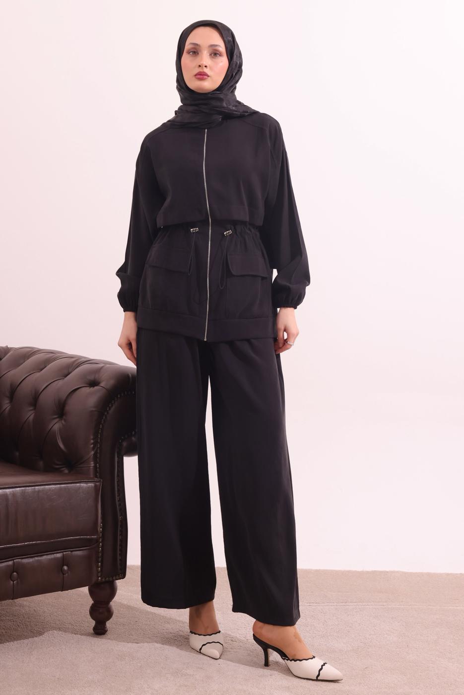 Tesettür giyim SİYAH BELİ BAĞCIKLI MODAL TAKIM T 0362
