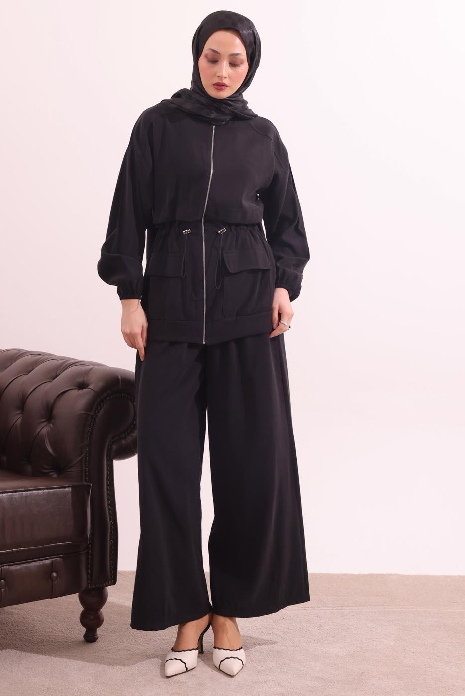 Tesettür giyim SİYAH BELİ BAĞCIKLI MODAL TAKIM T 0362