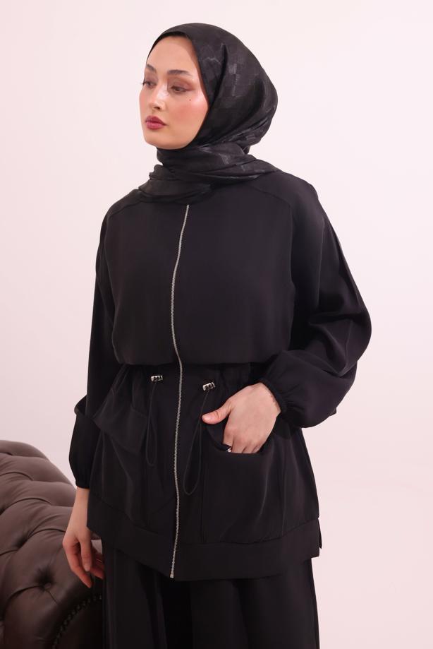 Tesettür giyim SİYAH BELİ BAĞCIKLI MODAL TAKIM T 0362 - TRENDTESETTÜR