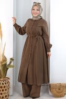 Hijab clothing BROWN BELTED CUPRA PLEAT DETAIL PANTSUIT T 1078