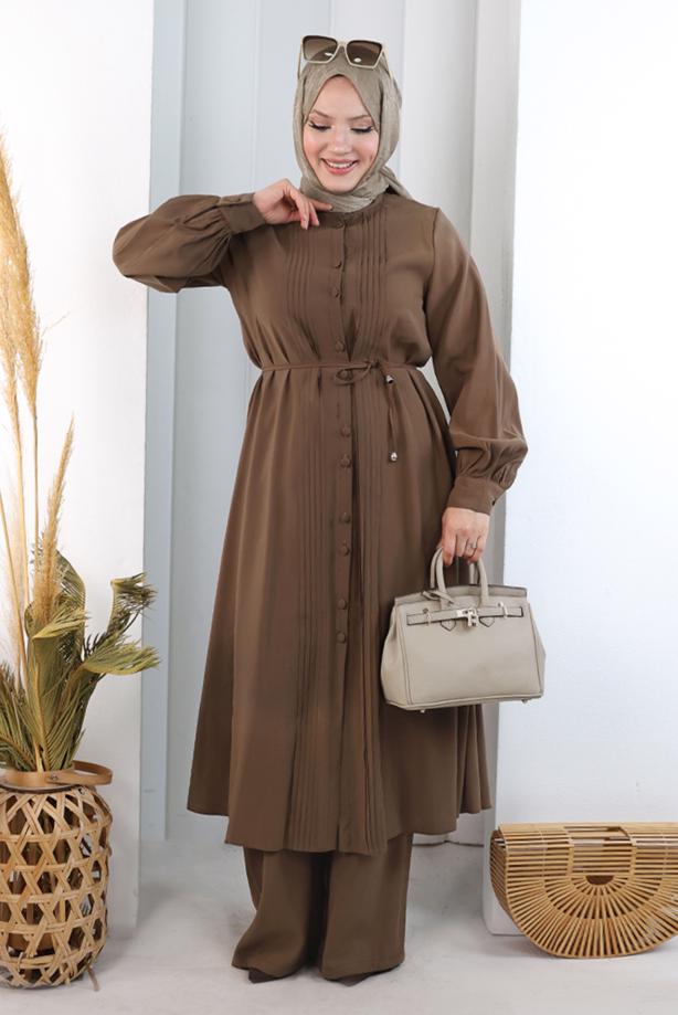 Hijab clothing BROWN BELTED CUPRA PLEAT DETAIL PANTSUIT T 1078 - TRENDTESETTÜR