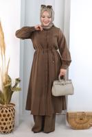 Hijab clothing BROWN BELTED CUPRA PLEAT DETAIL PANTSUIT T 1078