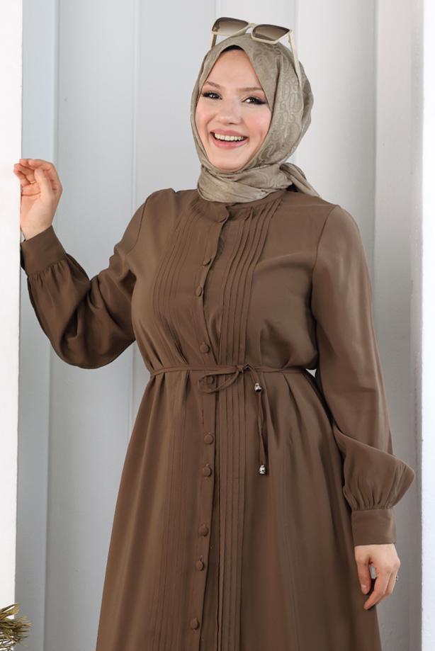 Hijab clothing BROWN BELTED CUPRA PLEAT DETAIL PANTSUIT T 1078 - TRENDTESETTÜR