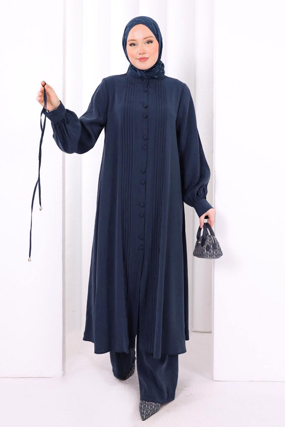 Hijab clothing NAVY BLUE BELTED CUPRA PLEAT DETAIL PANTSUIT T 1078