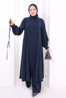 Hijab clothing NAVY BLUE BELTED CUPRA PLEAT DETAIL PANTSUIT T 1078