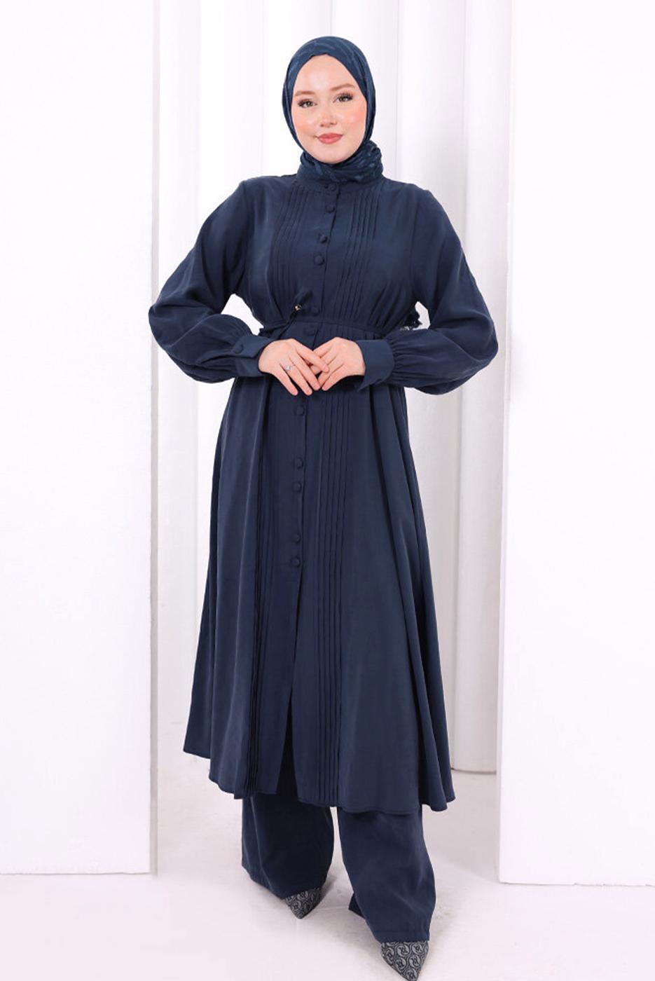 Hijab clothing NAVY BLUE BELTED CUPRA PLEAT DETAIL PANTSUIT T 1078