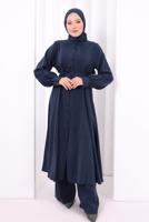 Hijab clothing NAVY BLUE BELTED CUPRA PLEAT DETAIL PANTSUIT T 1078