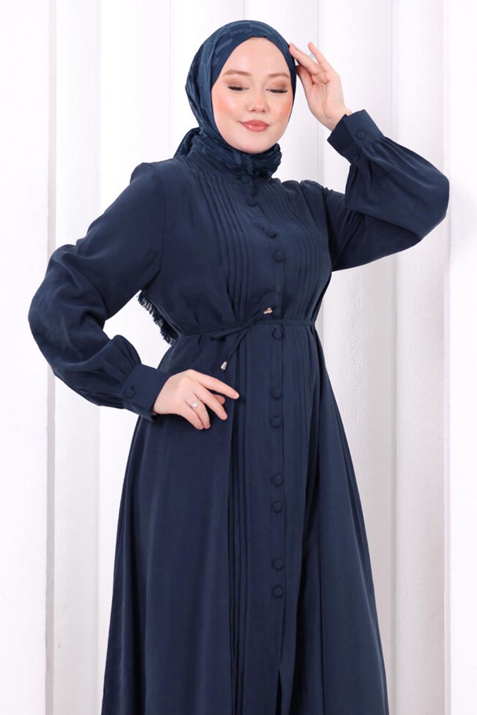 Hijab clothing NAVY BLUE BELTED CUPRA PLEAT DETAIL PANTSUIT T 1078
