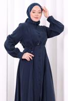 Hijab clothing NAVY BLUE BELTED CUPRA PLEAT DETAIL PANTSUIT T 1078
