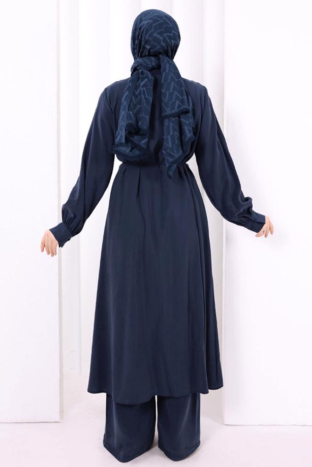 Hijab clothing NAVY BLUE BELTED CUPRA PLEAT DETAIL PANTSUIT T 1078 - TRENDTESETTÜR