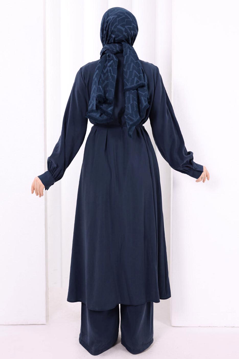 Hijab clothing NAVY BLUE BELTED CUPRA PLEAT DETAIL PANTSUIT T 1078