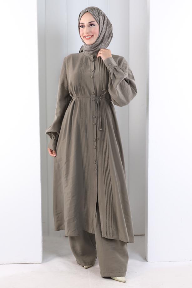 Hijab clothing MINK BELTED CUPRA PLEAT DETAIL PANTSUIT T 1078 - TRENDTESETTÜR